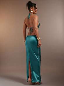 Hauture Women's Sexy Hanging Tassels Fringe Halter Deep Neck Backless Dress - Teal Blue - View 2
