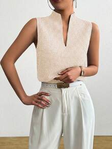 SHEIN Raffinéa Women's Elegant Casual Sleeveless Round Neck Blouse, Suitable For Summer Vacation - Khaki - View 3