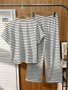 Tween Girls Casual All-Match Versatile Daily Wear Black & White Contrast Trim Round Neck Raglan Sleeve T-Shirt + Straight Leg Knit Pants Set - White - View 6