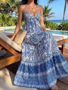 Sunnyshic Vestido Retrô com Estampa Floral Azul, Decote em V, Halter, Costas Abertas, Babado na Barra, Modelo Evasê, Vestido Feminino Elegante, Casual e Versátil para Primavera/Verão, Férias e Praia, Estilo Boho - Azul - Visão 1