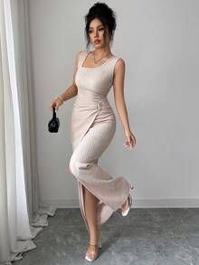 Elenzga Women's Elegant Apricot Sleeveless Fitted Flared Dress With Metal Decor Button Design, Spring/Summer Textured Fabric Metal Buckle Decoration Bride Church - Apricot - View 4