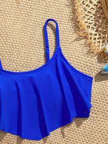 SHEIN Bộ bikini tam giác in hoa dành cho thiếu nữ, gồm áo tank top dây bèo nhún và bikini dây tam giác. - Màu xanh lam - Xem 5
