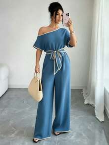 Rafferiza Casual Vacation Asymmetrical Shoulder Textured Soft Elastic Waist Comfortable Slimming Wide Leg Pants, Khaki, Spring/Summer - Blue - View 3