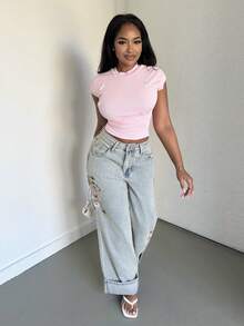 Alexandranx 女士新款优雅高端情人节精致刺绣蓝色直筒牛仔裤 - 藍色 - 查看 4