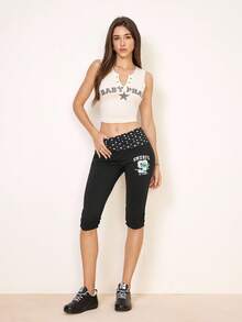 SHEIN X The Smurfs Quần lửng nữ cạp cao thời trang in hình ngôi sao phối nhiều mảnh. - màu đen - Xem 6