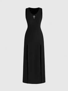 ROMWE Goth Women's Solid Color Cross Decor Casual Party Outing Dress - Black - View 1