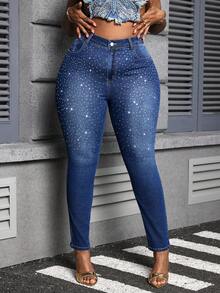 SHEIN Lady Plus Size Sexy Skinny Stretch Rhinestone Embellished 7/8 Length Jeans, Blue, For Women - Dark Wash - View 1