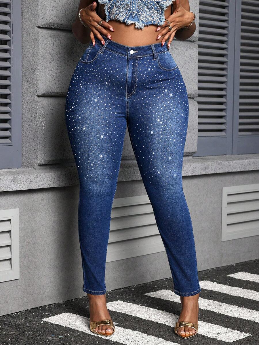 SHEIN Lady Plus Size Sexy Skinny Stretch Rhinestone Embellished 7/8 Length Jeans, Blue, For Women - Dark Wash - View 1