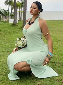 Dazy Plus V-Neck Floral Decor Maxi Dress With Side Slit, Vacation Style Beach Cover Up, Plus Size Sun Dresses For Women - Mint Green - View 3