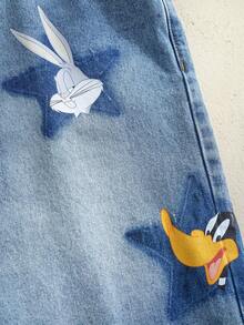 LOONEY TUNES X SHEIN Quần short denim nam dáng casual, rách gấu, có túi. - Màu xanh lam - Xem 7