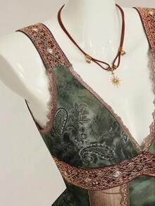 SHEIN ICON Áo hai dây ôm sát màu nâu, họa tiết da báo retro Y2K gợi cảm dành cho nữ, phối ren, cổ chữ V. - xanh quân đội - Xem 10