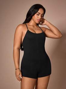 Lazeform Plus Size Women Backless Criss-Cross Jumpsuit, Casual Loungewear For Summer - Black - View 2