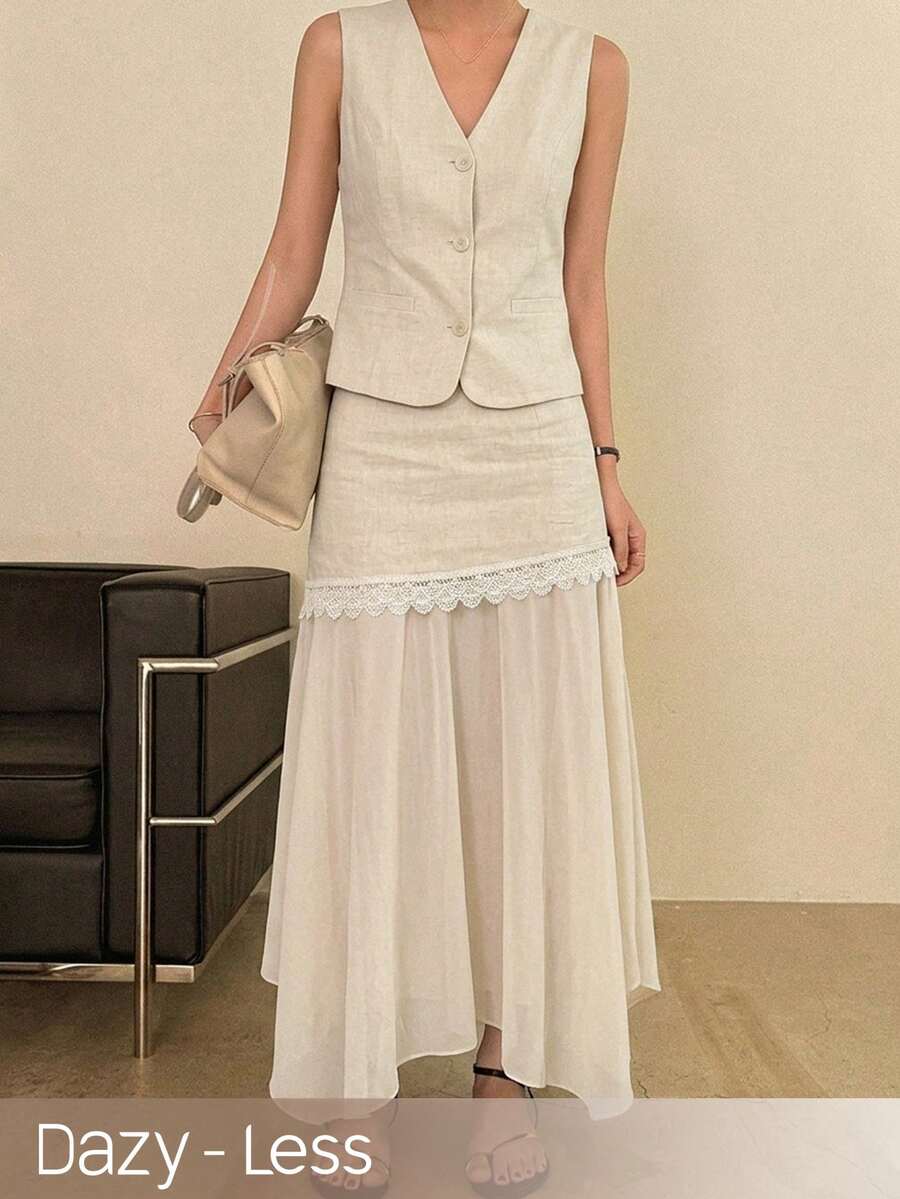 Dazy-Less Đầm maxi nữ cổ chữ V phối ren bất đối xứng kèm áo gile, phong cách thường ngày đi biển, bộ 2 món mùa xuân/hè. - trắng - Xem 1