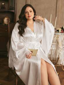 Côtesoire Áo choàng cỡ lớn sang trọng, cao cấp, phối ren Pháp, tay áo loe rộng, thắt dây, chất liệu satin mềm mại. - trắng - Xem 6