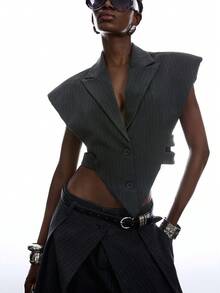 LYSMO Blazer corto de verano sin mangas con cuello de solapa a rayas para mujer - Gris Oscuro - Ver 1