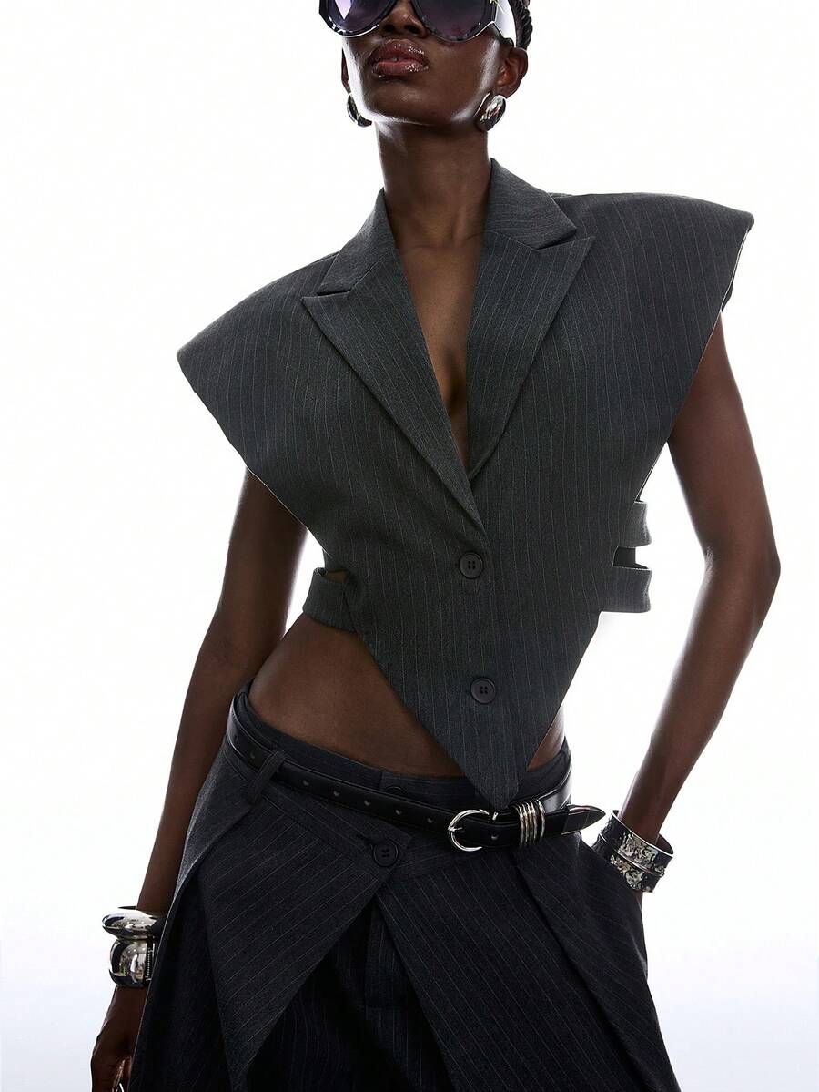 LYSMO Blazer corto de verano sin mangas con cuello de solapa a rayas para mujer - Gris Oscuro - Ver 1