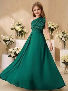 SHEIN Elegant Flower Girl Dress For Weddings, Formal Occasions, Chiffon Ruffled Shawl Midi Dress For Tween Girls, Luxurious Fashion Tulle Princess Dress - Green - View 6