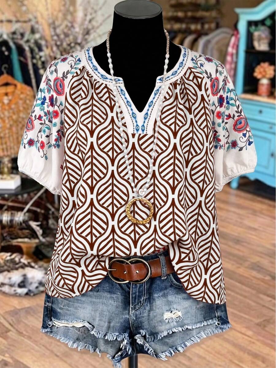 Linhara Plus Size Floral Print Ruffle Hem Loose Dress - Brown - View 1