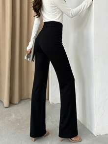 SHEIN Raffinéa Women's Solid Color Minimalist Elegant Casual Slim Fit Pants Teachers' Day Office Black Autumn - Black - View 2