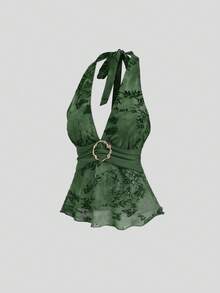 Sweetra Women's Retro Romantic Halter Neck Camisole - Dark Green - View 3