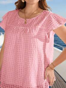Rosumi Plus Size Women's Cerise Pink Summer Smart Casual Vacation Holiday Flutter Sleeve Ruffle Loose Blouse Top, Country Concert - Baby Pink - View 6