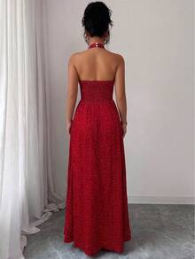 SHEIN Raffinéa Đầm nữ màu đỏ rượu vang chấm bi kiểu Pháp, thiết kế hở eo tôn dáng, thích hợp cho các bữa tiệc, hẹn hò, kỳ nghỉ. - Đỏ - Xem 2