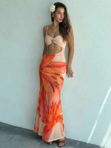 Aloruh Vestido largo ajustado con tirantes finos y sin mangas, con diseño calado, para verano - Albaricoque - Ver 8