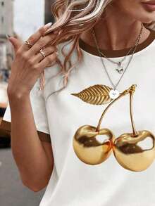 EMERY ROSE Women's Cherry Print Round Neck Short Sleeve Casual Versatile T-Shirt - White - View 5