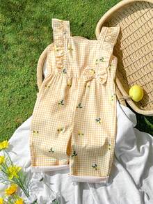 SHEIN Vintaside Kids 女婴时尚休闲简约数码印花连体衣，适合外出、休闲、朋友聚会、公园散步、海滩度假、春夏季穿着。 - 黃色 - 查看 5