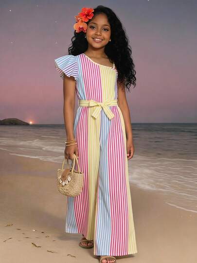 SHEIN Girls' Casual Ombre Print Loose Sleeveless Jumpsuit (With Belt), Suitable For Spring, Summer, Vacation, Travel