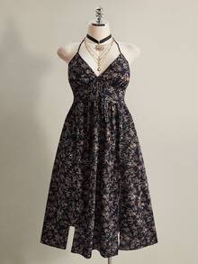 SHEIN ICON 大码女式碎花V领开衩连衣裙 - 彩色 - 查看 3