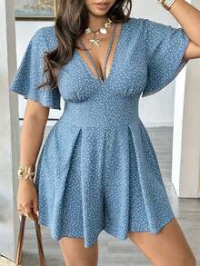 Vionelle Plus Size Women's Polka Dot Print Ruched Jumpsuit, Versatile For Spring/Summer - Dusty Blue - View 5