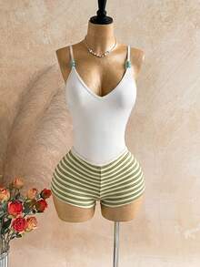 Soleia Beach Vacation 2 Pieces Set: Swimwear & Striped Shorts - Green - View 1