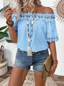 EMERY ROSE Women's Vacation Off-Shoulder Textured Fabric Ruffle Detail Blouse - Blue - View 5