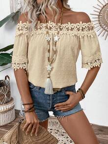 SHEIN LUNE Women's Vacation Off-Shoulder Textured Fabric Ruffle Detail Blouse - Apricot - View 6