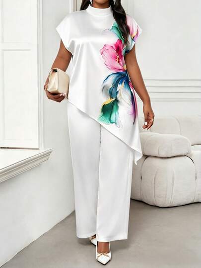 SHEIN Lady Áo nữ cỡ lớn in hoa, vạt áo bất đối xứng, kiểu dáng thường ngày đa năng.
