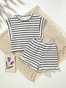 Playful Pals 2pcs/Set Baby Girl 0-3Y Spring Summer Casual Daily Vacation Textured Knit Black & White Striped Ruffle Sleeve Round Neck T-Shirt And Shorts Set - Black and White - View 3