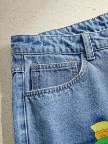 LOONEY TUNES X SHEIN Quần short denim nam dáng casual, rách gấu, có túi. - Màu xanh lam - Xem 3