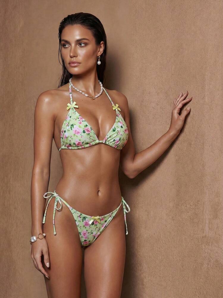 Women's Summer Beach Floral Print Halter Tie Sexy Bikini Swimwear Set