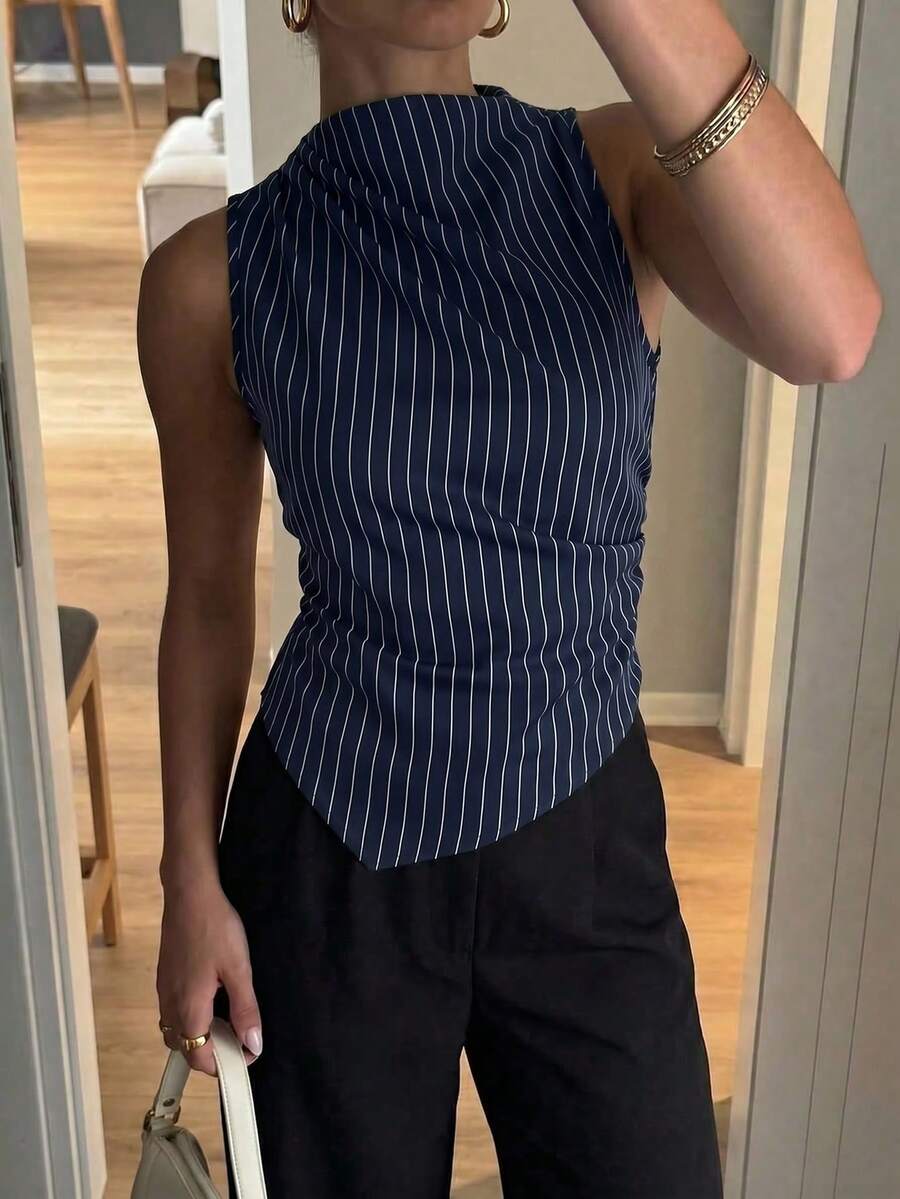 Firerie 女款優雅簡約通勤辦公海軍藍條紋無袖百褶領夏季上衣 - 藏蓝色 - 查看 1