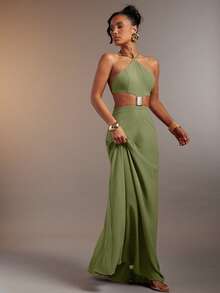 xheHauture Vestido largo con adornos sexy, escote halter, tirantes y espalda descubierta para mujerxhe - Verde Oliva - Ver 4