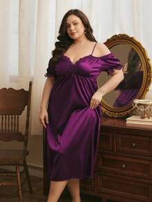 Côtesoire Elegant Romantic French Charm Lace Patchwork V-Neck Spaghetti Strap Off-Shoulder Comfortable Loose Satin Ruched Plus Size Nightgown, Purple - Purple - View 3