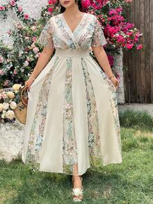 Modelyn Đầm ngắn tay cổ bẻ bằng vải lưới thêu họa tiết dành cho nữ cỡ lớn, eo thắt với chi tiết xếp ly, chân váy xòe kiểu Pháp lãng mạn và thanh lịch, thêu hoa. - Màu be - Xem 7
