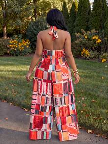 Veslaya Plus Size Women's Red Summer Boho Satin Party Holiday Sleeveless Tied Waist Long Wide Leg Jumpsuit,Wedding Guest Elegant Gala Music Festival Easter - Multicolor - View 3