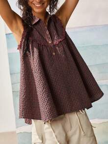 SoleilVie Women's Sleeveless Shirt Collar Lace Patchwork Retro Boho Plaid Casual Shirt Vacation Brown Plaid Summer - Red - View 4