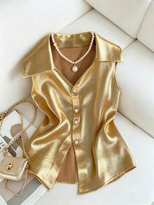 Franclia Áo khoác cardigan không tay kiểu dáng tối giản sang trọng, phong cách cung điện, thích hợp cho kỳ nghỉ ngoài trời, bãi biển, đi biển, thường ngày, thanh lịch, công sở, dự tiệc, trang trí cúc ngọc trai dành cho nữ. - Vàng - Xem 1