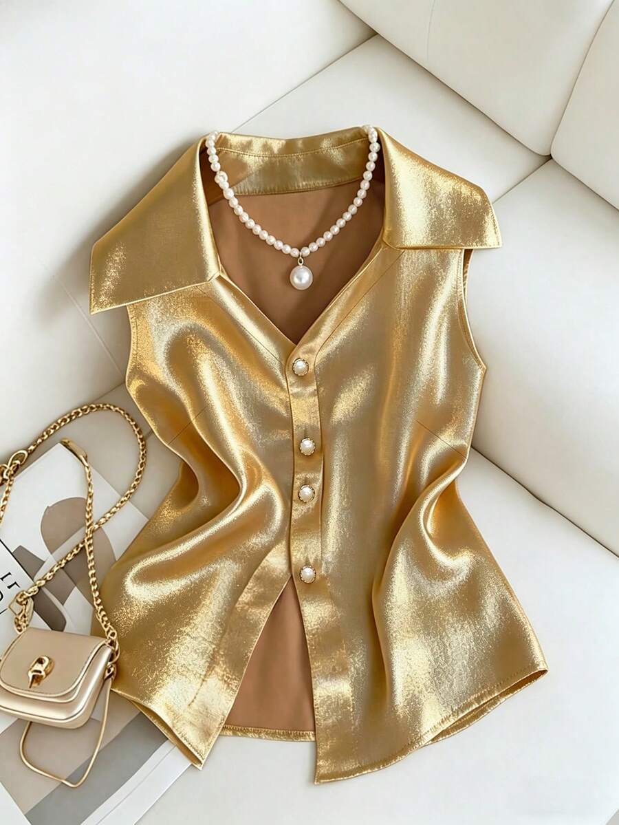 Franclia Áo khoác cardigan không tay kiểu dáng tối giản sang trọng, phong cách cung điện, thích hợp cho kỳ nghỉ ngoài trời, bãi biển, đi biển, thường ngày, thanh lịch, công sở, dự tiệc, trang trí cúc ngọc trai dành cho nữ. - Vàng - Xem 1