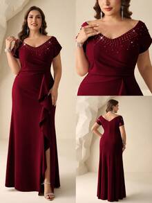 Coutiva Plus Size Rhinestone Decor Mother Of The Bride Dress - Burgundy - View 7
