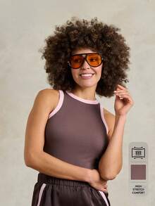 Rouah-F Women's Contrast Trim Ribbed Cotton Tank Top Brown And Baby Pink High Neck Sleeveless Slim Fit Premium Basics Cami For Summer Vacation - Brown - View 1