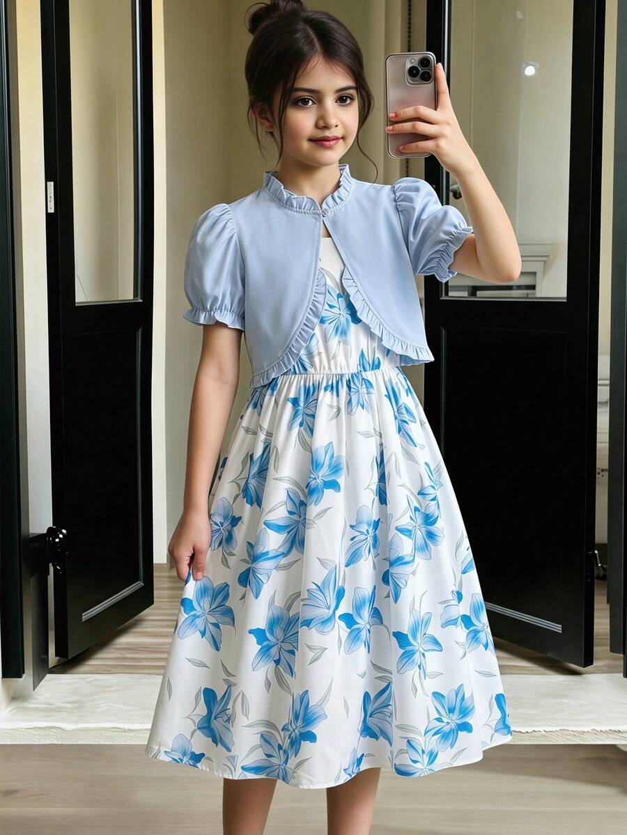 Bộ đồ 2 món dễ thương cho bé gái tuổi teen: Áo tay cánh hoa xếp nếp và váy in hoa. - Màu xanh lam - Xem 1